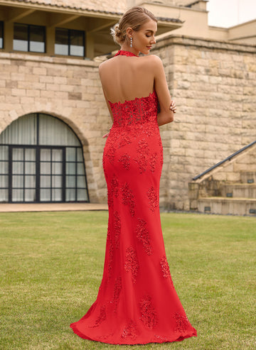 Open Back Halter V-Neck Lace Corset Mermaid Maxi Dress With Beading Slit